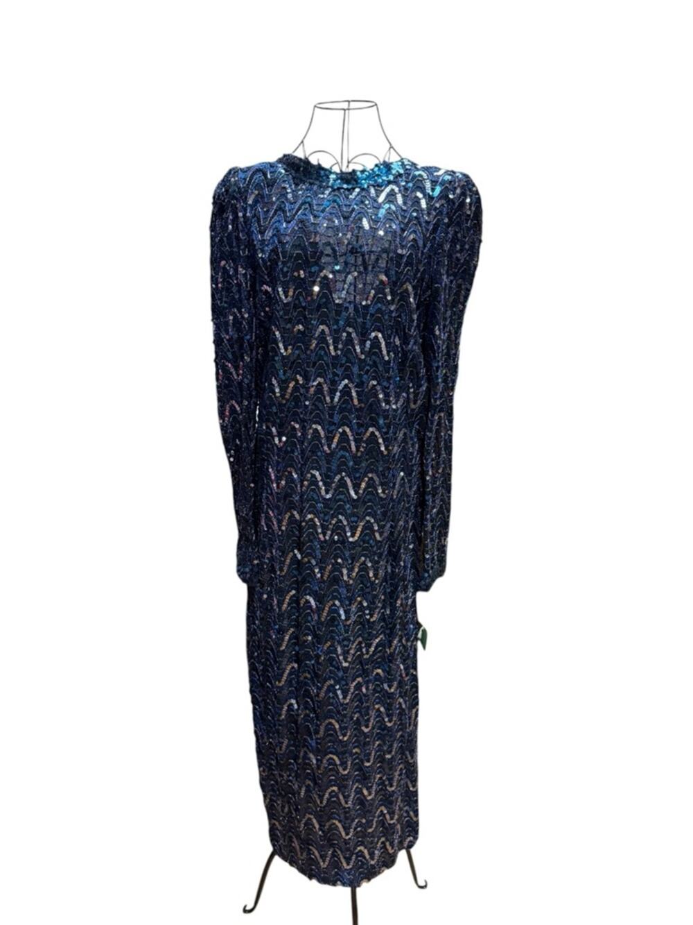 Vintage 80s Lilli Diamond Blue Sequin Wave Midi Dress Size 10